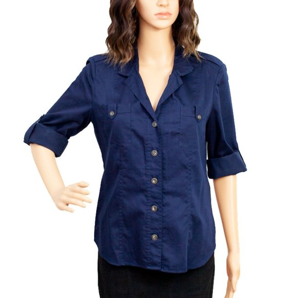 Vintage DVF Safari Blouse Navy Blue Cotton Button Down Top Size 10 - Picture 1 of 6